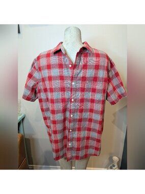DENVER HAYES Untucked  Modern Fit Button Up Shirt Red & Gray Plaid Men's XL